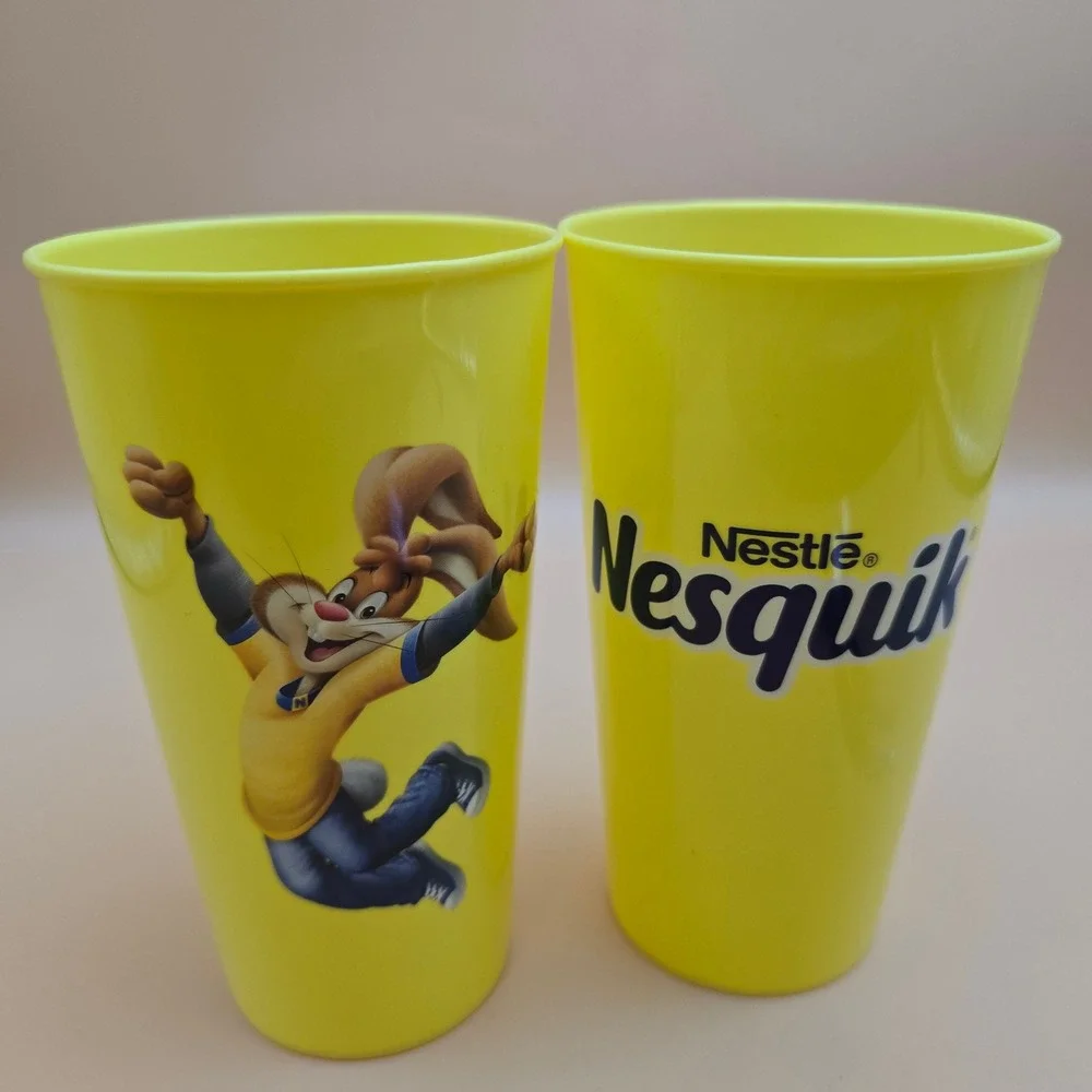 Vintage Nestle Nesquik Yellow Plastic Cups & Bunny Mixing Spoons Set of 2